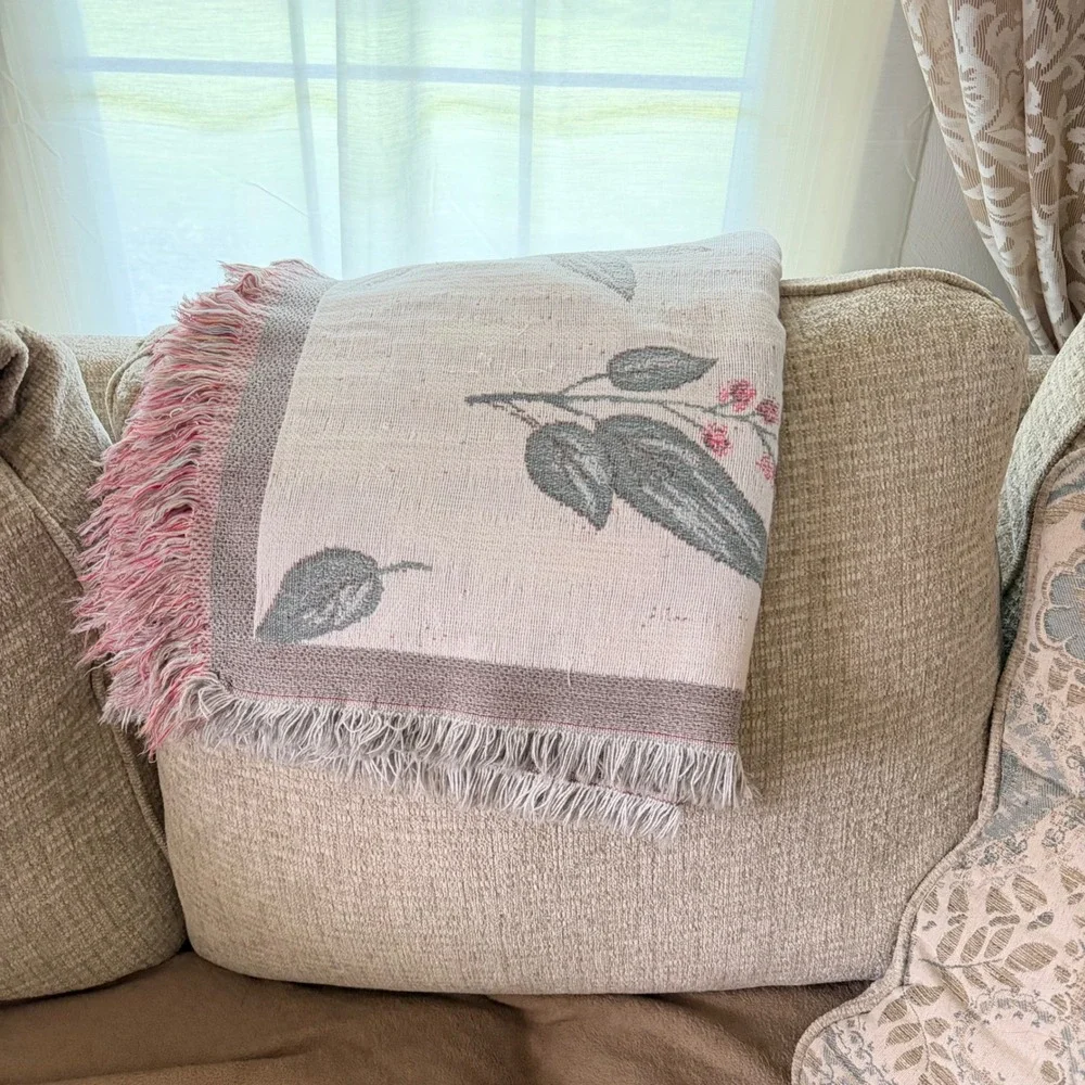 90s Cresswell 100% Cotton Woven Floral Throw Blanket Fringed Botanical 62x84